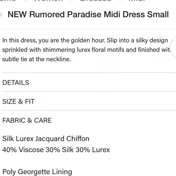 Rumored Paradise Midi Dress Golden Hour Medium New with Tags - Picture 5 of 16